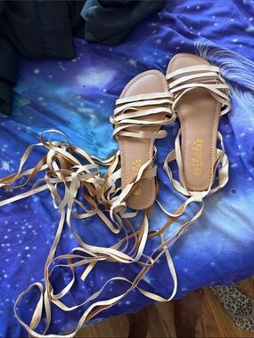 Lulu's Nude Beige Lace-Up Strappy Flat Sandals